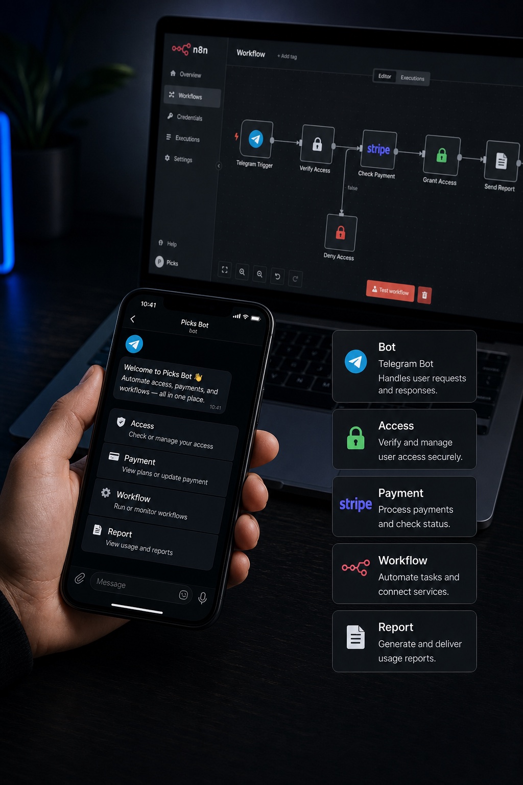 Automation, Bot-Zugang und Zahlungsworkflow als dunkles digitales System