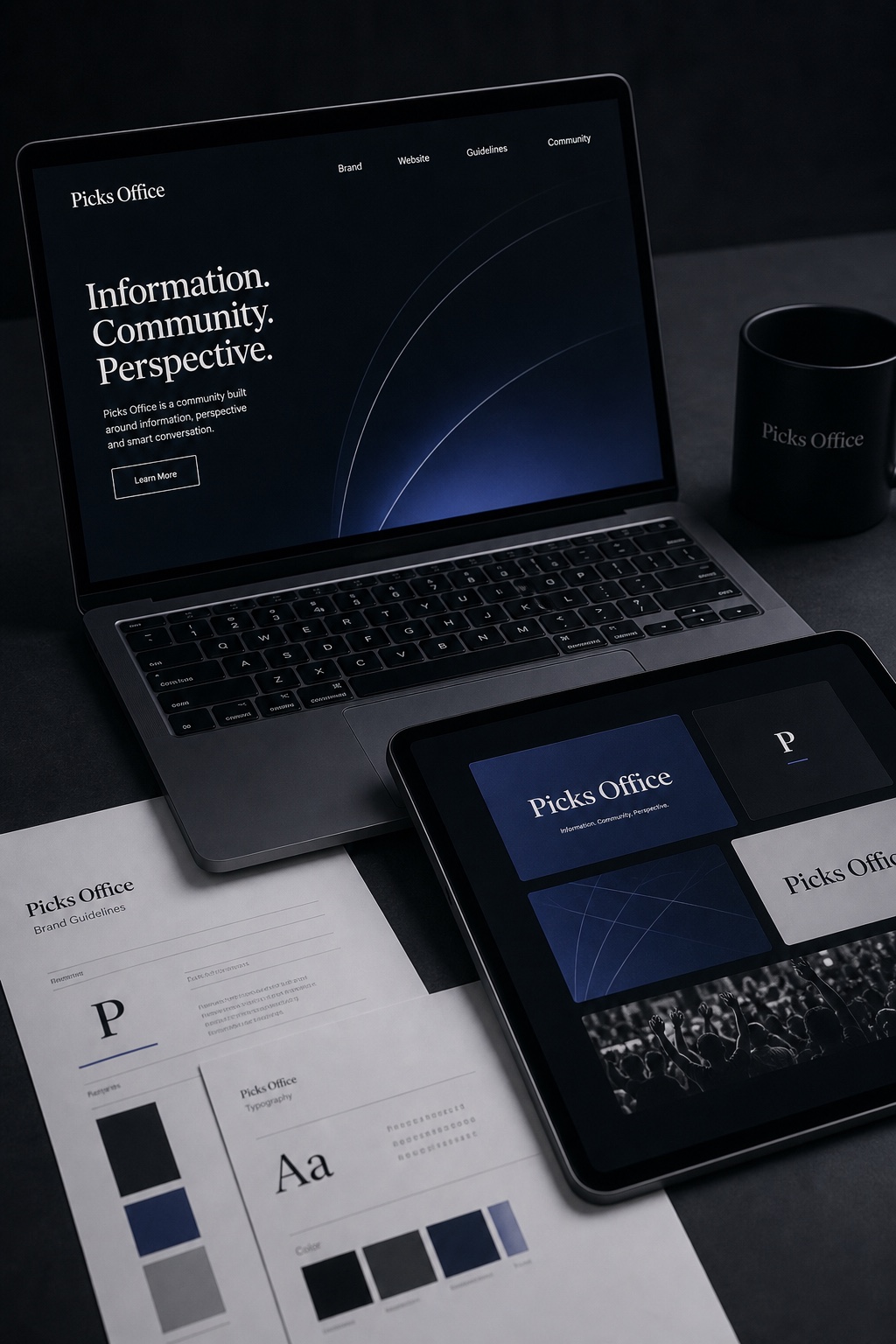 Picks Office Marken- und Website-System mit Laptop, Tablet und Brand-Guideline-Seiten