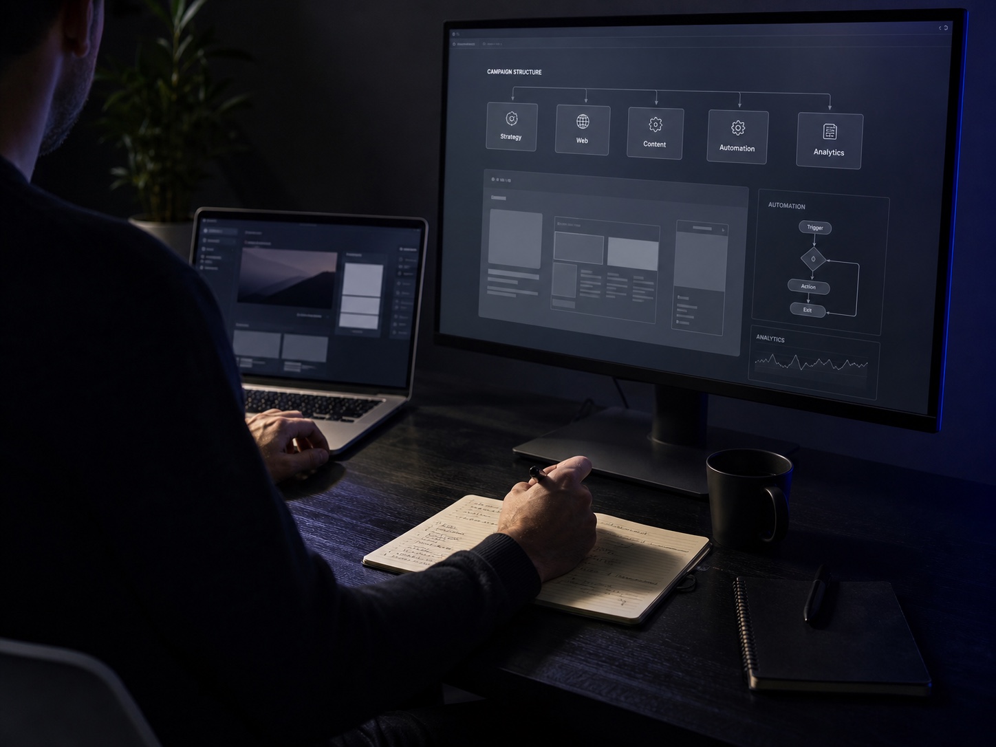 Dunkler Arbeitsplatz mit Website-Struktur, Kampagnenlogik und Automationsdiagramm auf Monitoren