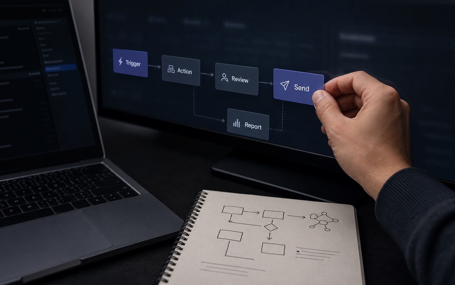 Notebook und Bildschirm mit klarer Automation-Workflow-Struktur