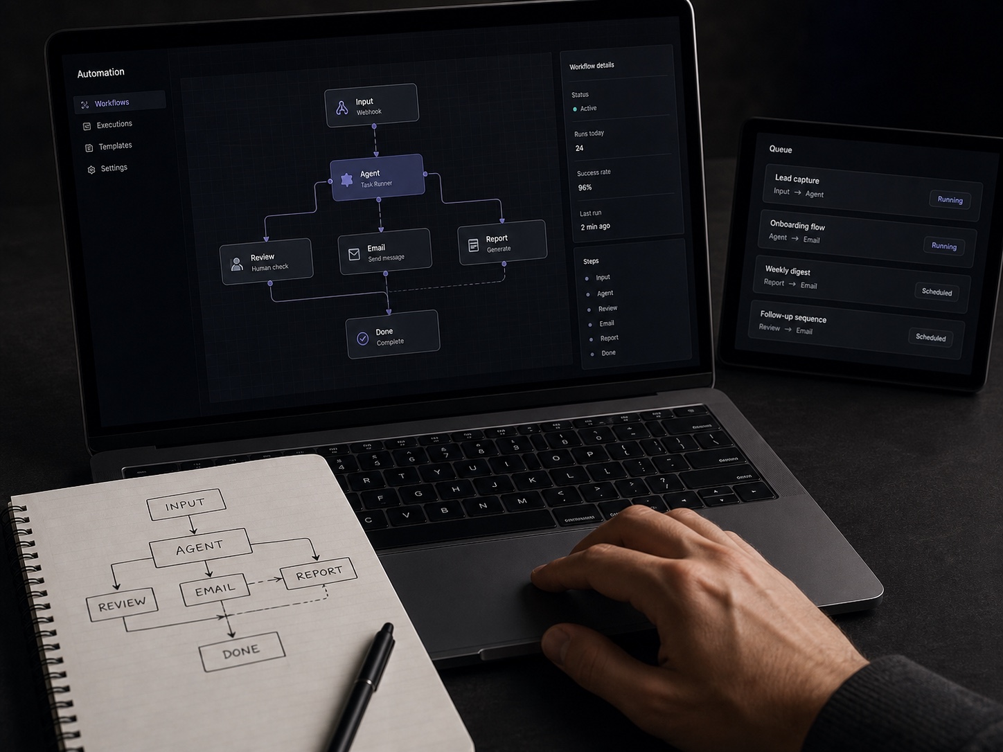 Automation-Workflow mit Agent, Review, E-Mail und Reporting auf Laptop und Notizbuch