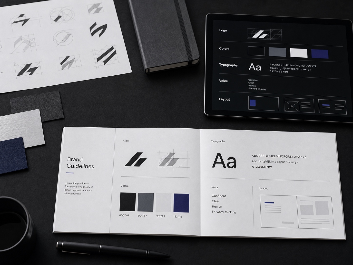 Brand-Guideline-Seiten, Farbflächen und Designsystem-Materialien auf dunklem Schreibtisch