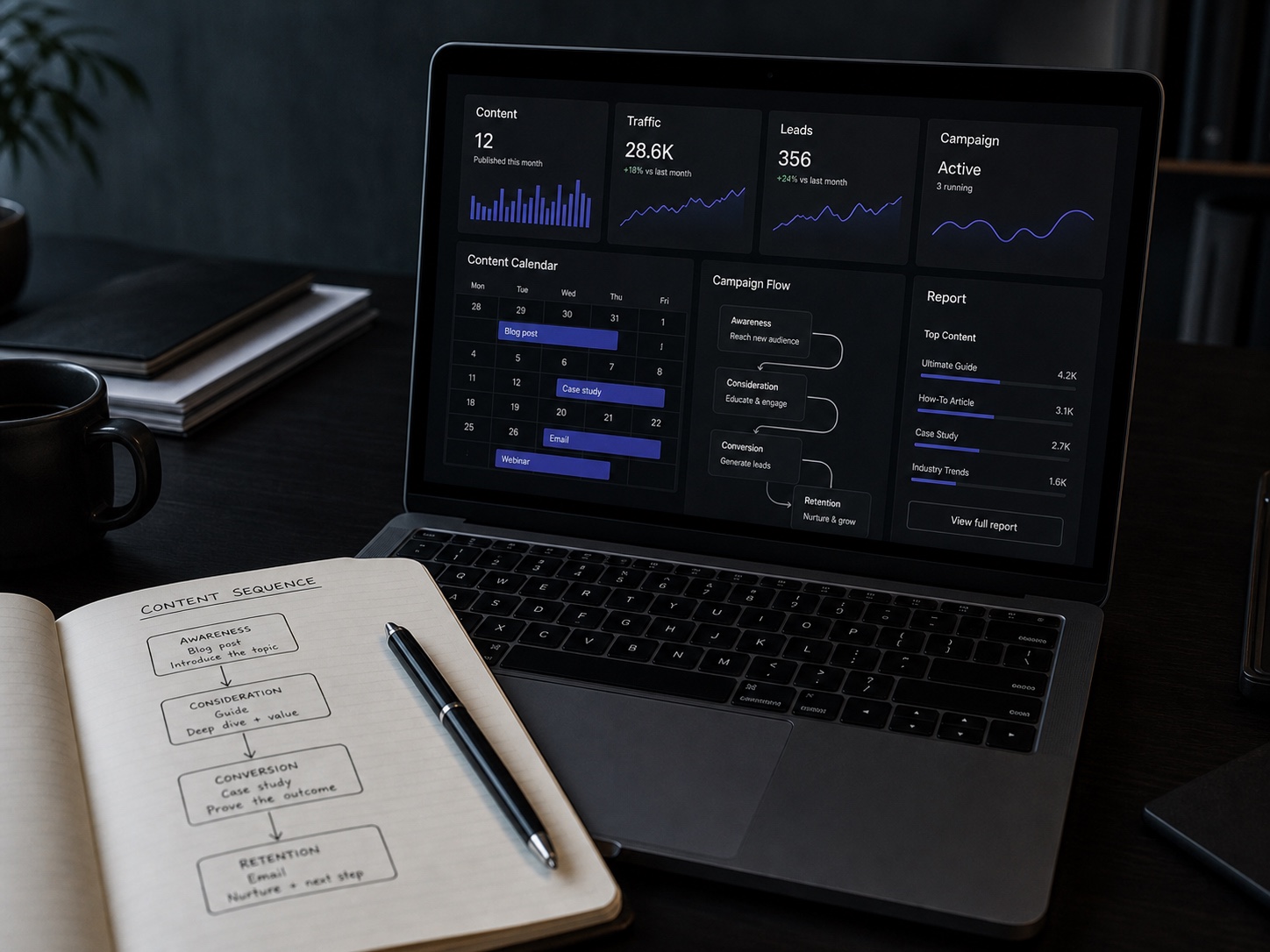 Content-Planung mit Analytics-Karten, Kampagnenstruktur und Notizen