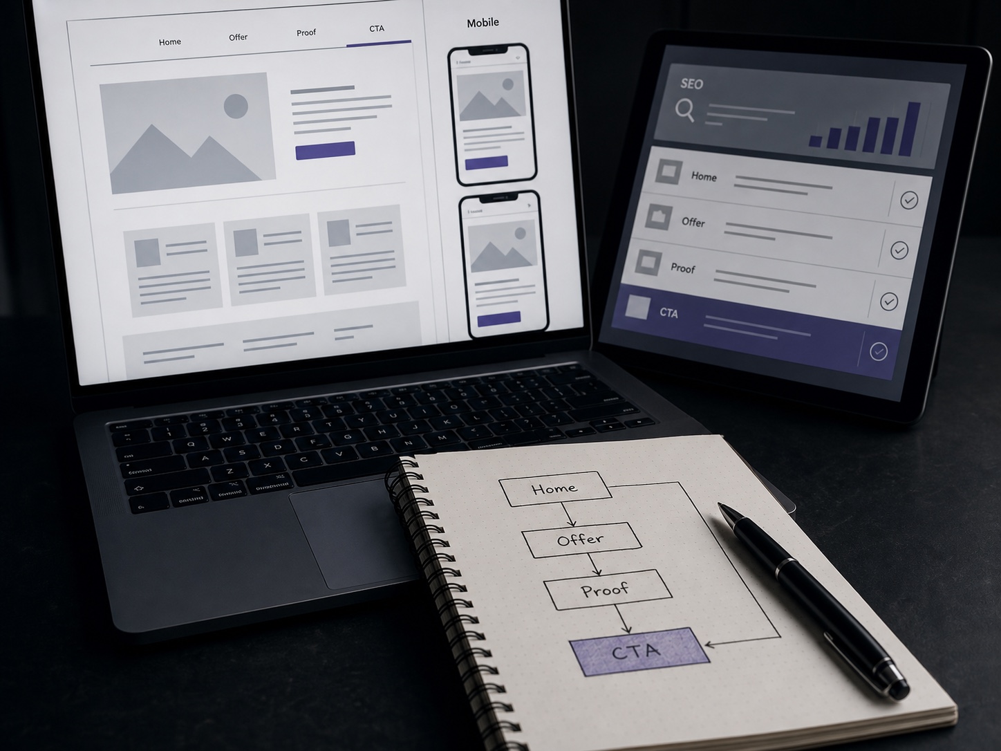 Laptop und Tablet mit Website-Wireframes und responsiver Seitenstruktur
